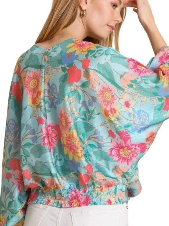 Umgee Aqua Floral V-Neck Puff Sleeve Blouse - Picture 2 of 9